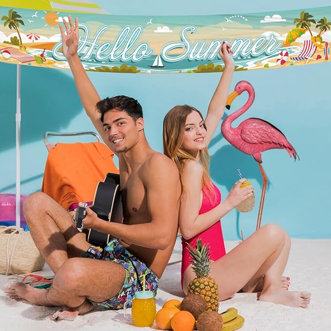 Hello Summer Beach Party Banner - Hawaiian Outdoor Party Decorations, Hanging Beach Party Supplies (Hello Summer)