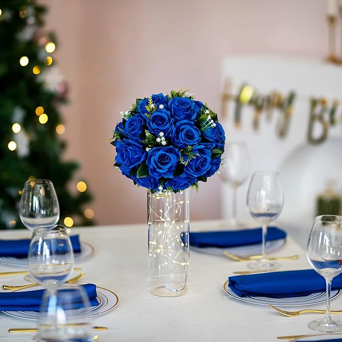 BLOSMON Royal Blue Artificial Flowers: 6 Pcs Fake Roses Flower Ball Centerpieces for Wedding Dinning Table - Faux Silk Kissing Bouquet with Base Floral Arrangement for Home Party Event Decor