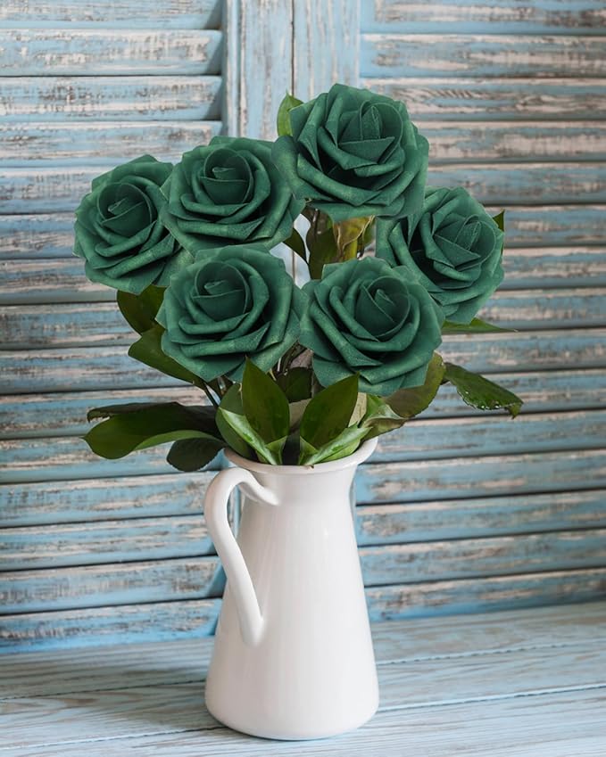 50Pcs Peacock Green Artificial Flowers Realistic Roses, Real Looking Fake Roses with Stem for DIY Wedding Bouquets Centerpieces Bridal Shower Party Home Romantic Decorations (Peacock Green, 50pcs)