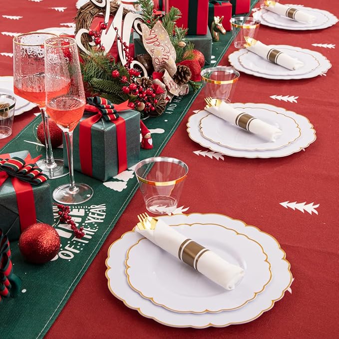 Morejoy 175PCS Gold Plastic Plates,White Gold Disposable Plates with Pre Rolled Napkins:25 Dinner Plates,25 Dessert Plates,25 Spoons,25 Forks,25Knives,25Cups,25Napkins for Party & Father's Day
