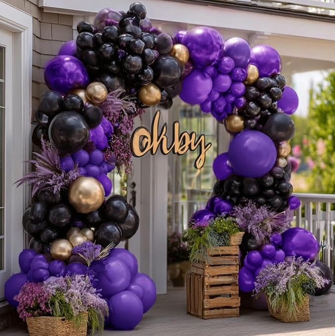 Purple Black Gold Balloon Garland Double Stuffed Dark Purple Black Balloons Metallic Lilac Balloon Arch Kit for Birthday Halloween Prom Vampire Anniversary Party Decoration