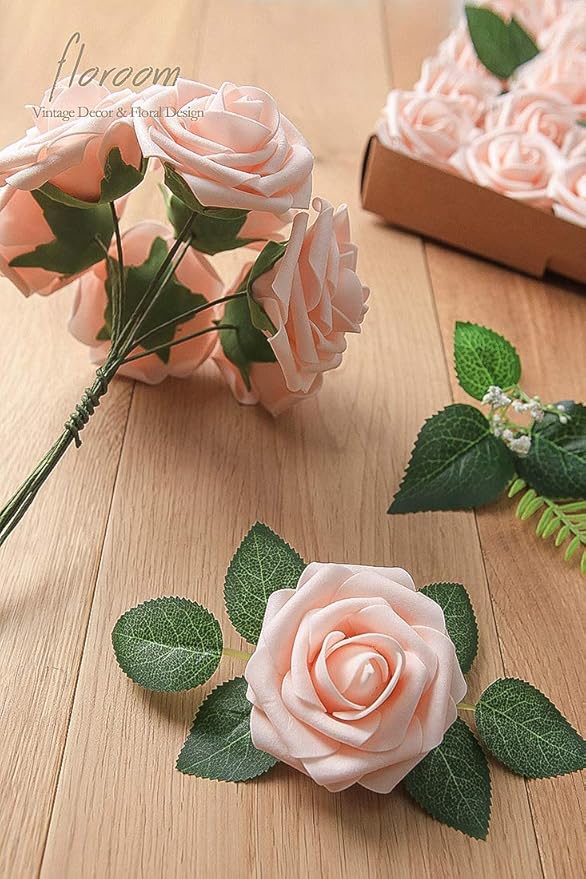 Floroom Artificial Flowers 25pcs Real Looking Blush Foam Fake Roses with Stems for DIY Wedding Bouquets Bridal Shower Centerpieces Party Decorations