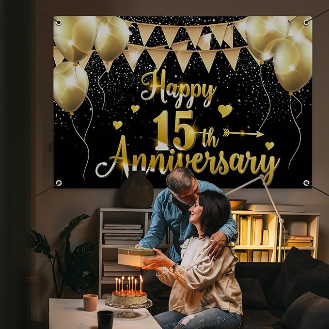 HAMIGAR 6x4ft Happy 15th Anniversary Banner Backdrop - 15 Wedding Anniversary Decorations Party Supplies - Black Gold