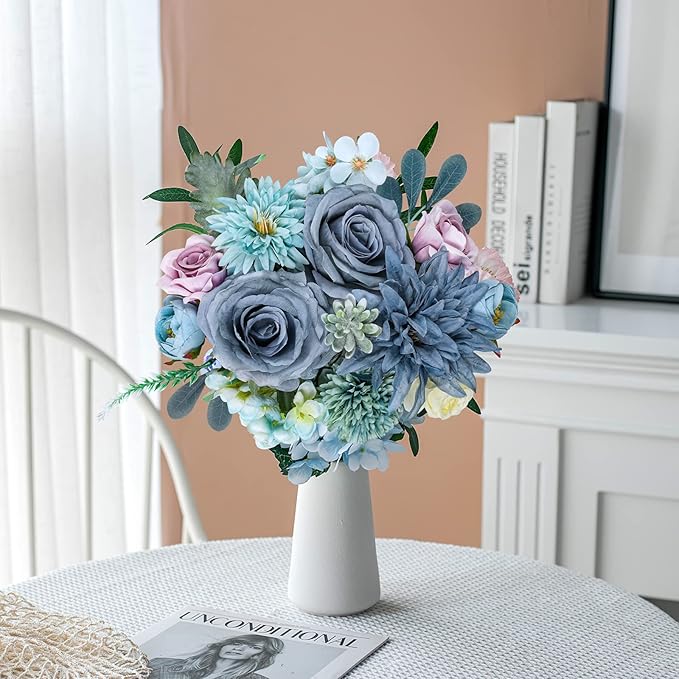 AmyHomie Blue Artificial Flowers Combo Silk Mix Peony Rose Hydrangea Fake Flowers w/Stem for DIY Wedding Bouquets Centerpieces Arrangements Table Decor Party Bridal Baby Shower Home Decorations