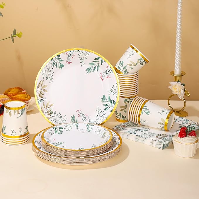 Sage Green Party Plates and Cups and Napkins Sets,Green Paper Plates Party Supplies Include Green Plates Napkin Cup Plastic Spoon Fork Knive for Baby Shower,Engagement Party Decorations,Serves 24