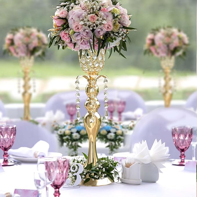 6Pcs Gold Crystal Metal Vase Set - Tulip & Trumpet Wedding Centerpieces, Artificial Flower Arrangement Vases Bulk for Home Decor, Restaurant Table Displays
