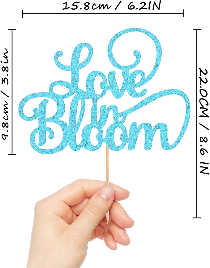 Love in Bloom Cake Topper - Glitter Light Blue Bridal Shower Cake Decoration, Wedding & Engagement Cake Pick (Light Blue)