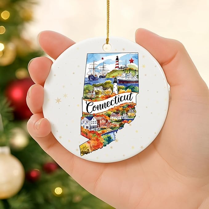 USA State Landmark Ceramic Ornament β Round Glossy Christmas Decoration Featuring U.S. State Art, Landmarks & Holiday Scenery β Collectible Travel Souvenir Ornament Series (Connecticut)
