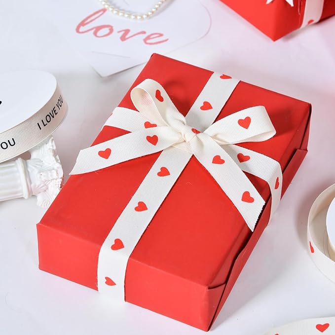 Ribest Red Heart Cotton Ribbon for Gift Wrapping Crafts Flower Bouquet Party Decoration 5/8 Inch x 10 Yard