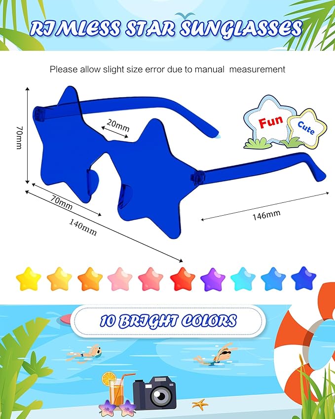 20 Pairs Rimless Star Sunglasses Bulk Transparent Candy Color Star Glasses for Women Men Party Favors