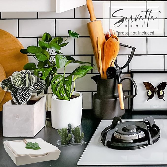 White Ceramic Lunch Napkin Holder with Roped Weight - Cactus