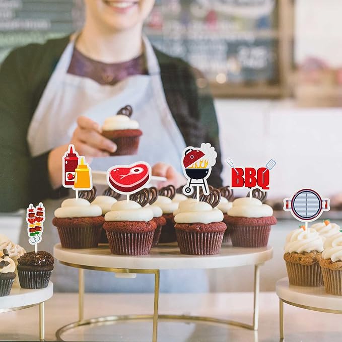 18pcs BBQ Theme Cupcake Topper,Cooking/Barbecue Theme Party Cake Decoration - Summer Theme Cake Supplies - Dessert Cupcake Supplies