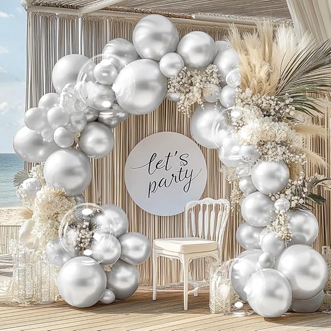 Pearl Silver Balloon Arch Double Stuffed Pearl Metallic Silver Balloon Garland Kit Different Sizes 12/10/5in With Clear Bobo Balloons for Birthday Wedding Bridal Baby Shower Graduation Party Decor