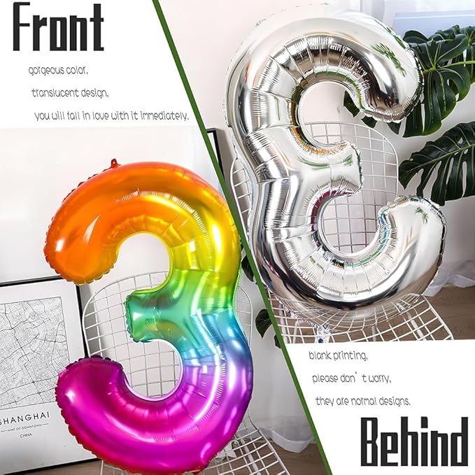 Rainbow Number 3 Balloon 40 Inch Rainbow 3 Balloon Giant Helium Foil Number 0 to 9 Balloons Birthday Wedding Party Digital Decorations Number 3