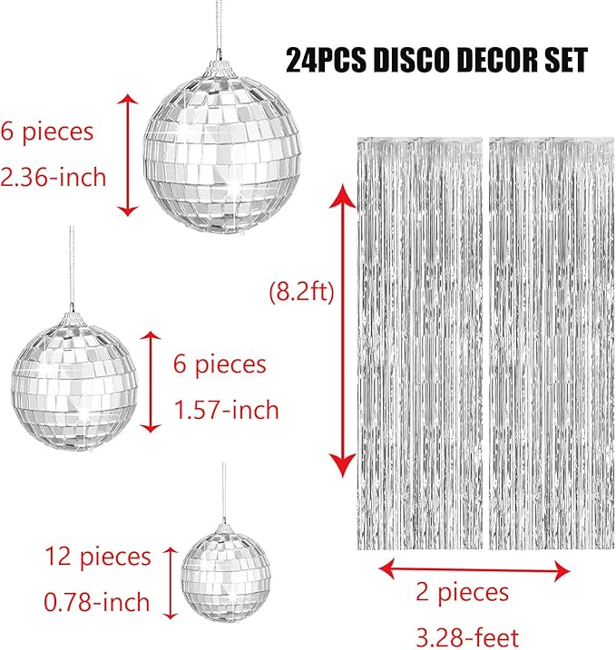 26 Pack Disco Ball Decorations Set - 24 Mirror Mini Glass Hanging Disco Balls (3 Sizes) & 2 Silver Foil Curtains for Party Wedding Dance DJ Stage Music Festival Christmas Birthday Club Decor