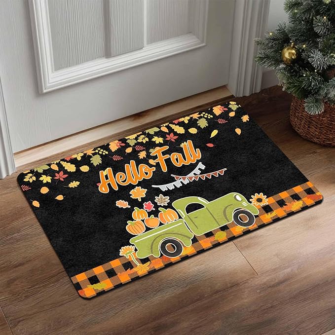 Fall Welcome Maple Leafs Decorative Door Mat, Autumn Thanksgiving Doormat for Indoor Outdoor Entrance Floor Mats,Fall Pumpkins Non Slip Harvest Vintage Decor Rubber Welcome Mats 16" x 24" Inch