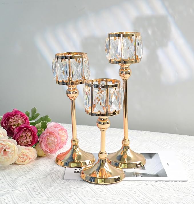 Set of 3 Cup Crystal Tealight Candle Holders, Centerpieces for Table Wedding Centerpieces Crystal Decorative Tealight Candle Dining Table Candle Holder Decor for Party (8.7"+10.6"+12.2", Gold)