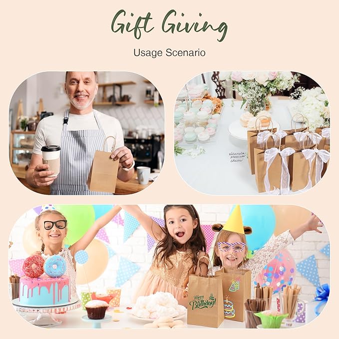 GSSUSA 100 Pack Paper Gift Bags 5.25x3.75x8 Inch Small Brown Paper Bags with Handles Bulk, Brown Kraft Bag for Small Business, Sturdy Grocery Retail Shopping Birthday Party Favor Craft Bag (Made in USA)
