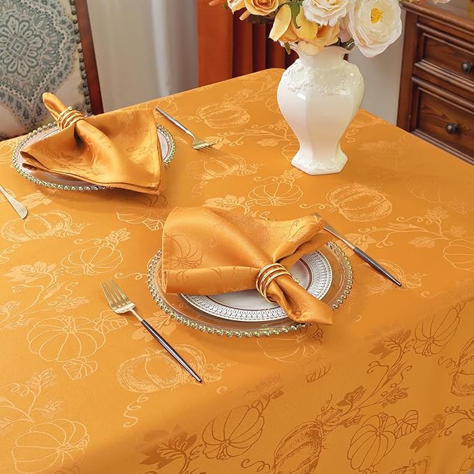 SASTYBALE Thanksgiving Tablecloths for Rectangle Tables, Jacquard Fall Table Cloth with Pumpkins and Vines, Stain Resistant Table Cover for Harvest, Dining, Party Decor (Rectangle, 60" x 84", Amber)