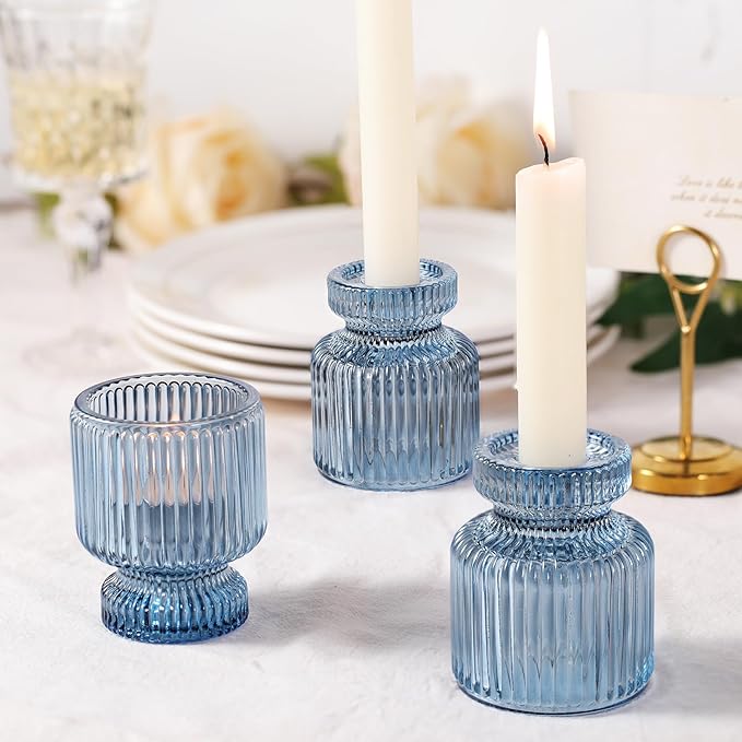 DARJEN 12 Pcs Glass Candlestick Holders- Blue Taper Candlestick Holders Tealight Votive Candle Holders for Table Centerpieces, Wedding, Dinner Party, Home Decor