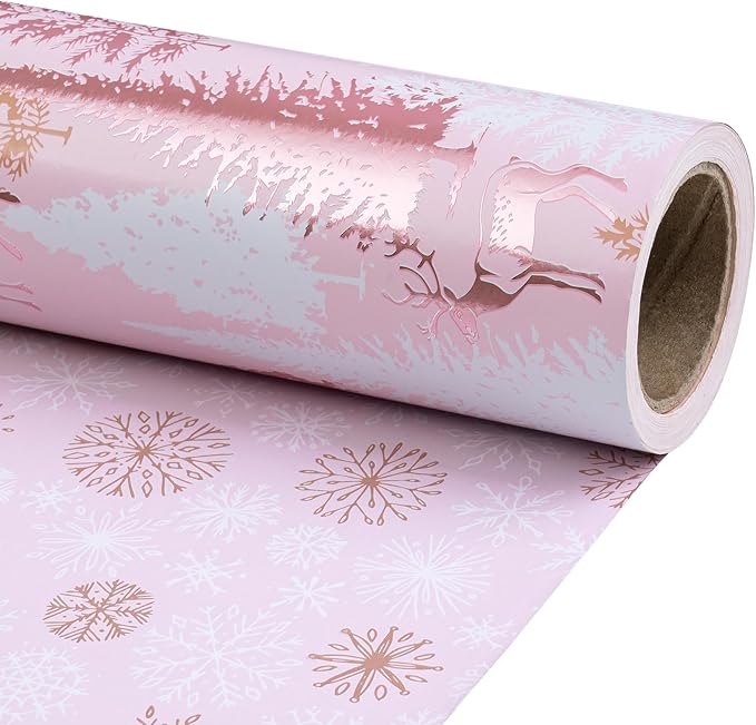 RUSPEPA 30" X 100' Reversible Christmas Wrapping Paper Large Paper Roll, Jumbo Roll, Rose Gold Foil Pink Reindeer and Tree Design, Snowflakes Gift Wrap for Girls, Women, Friends, Xmas Holiday Gifts