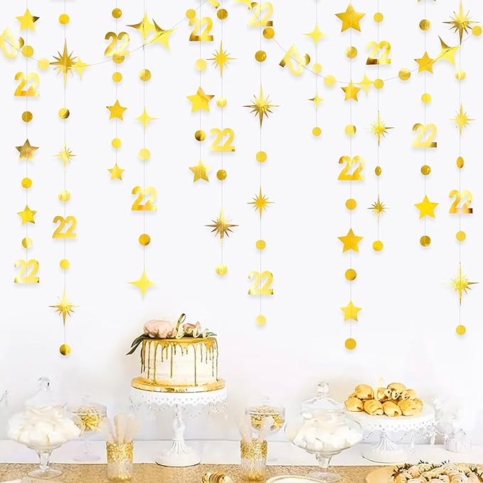 Gold 22nd Birthday Decorations Number 22 Circle Dot Star Garland Streamer Bunting Banner Backdrop for Women Mens Feeling 22 Twenty Two Years Old Birthday Happy 22th Anniversary Party Supplies