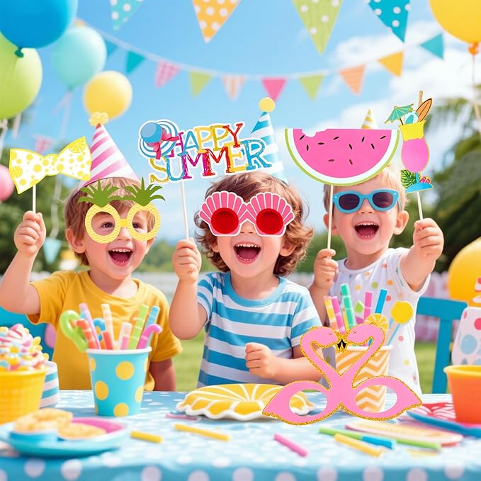 SUNBEAUTY 12 Pcs Summer Photo Booth Props Beach Summer Pool Party Decorations Luau Photo Booth Props Tropical Tiki Beach Pool Party Favors for Baby Shower, Birthday, Hawaii
