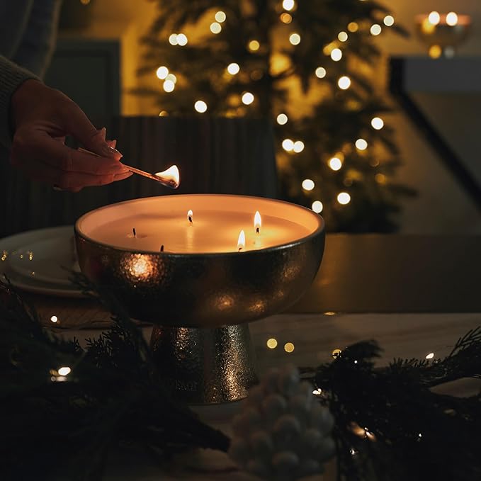 2025 Gold Holiday Candle | Festive - Noble Fir & Amber (Medium), Refillable Wellness, Essential Oil, Sustainable, Hand Finished and Poured, Premium, Luxury Ceramic, Natural Cotton Wick, Soy-Wax Blend
