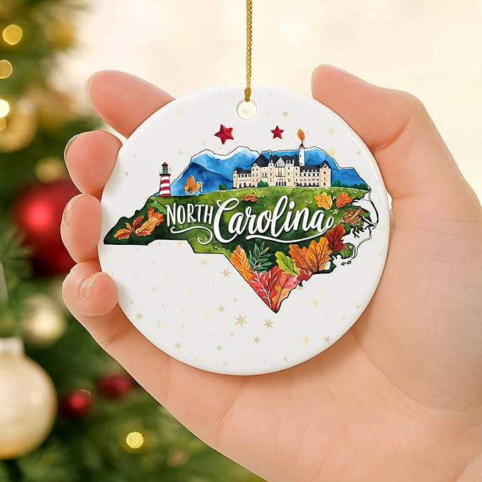 USA State Landmark Ceramic Ornament β Round Glossy Christmas Decoration Featuring U.S. State Art, Landmarks & Holiday Scenery β Collectible Travel Souvenir Ornament Series (North Carolina)