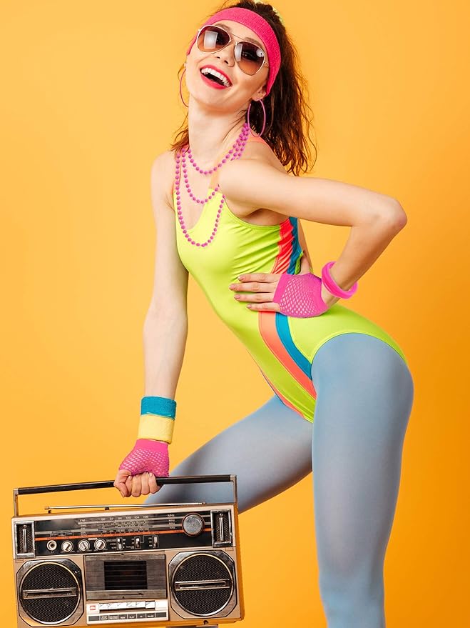 Blulu 80s Costume Accessories for Women Lace Headband Earrings Fishnet Gloves Necklace Bracelet for 80s Retro Party