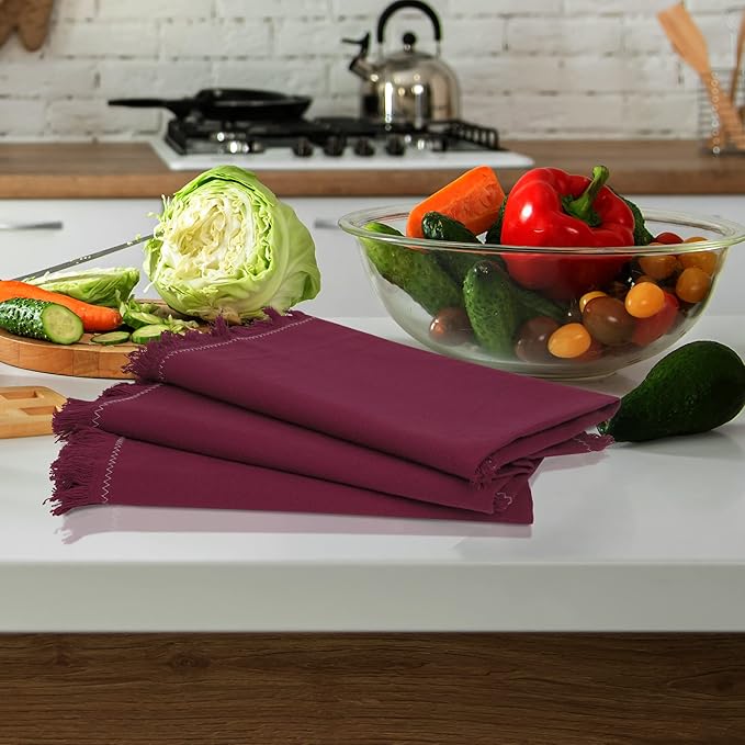 Dinner Cloth Napkins Set of 12, Premium Soft Cotton 20x20 Inches, Highly Absorbent, Hotel Quality Reusable & Washable Dinner Napkins with Fringe Corner Napkins for Home & Weddings - Burgundy