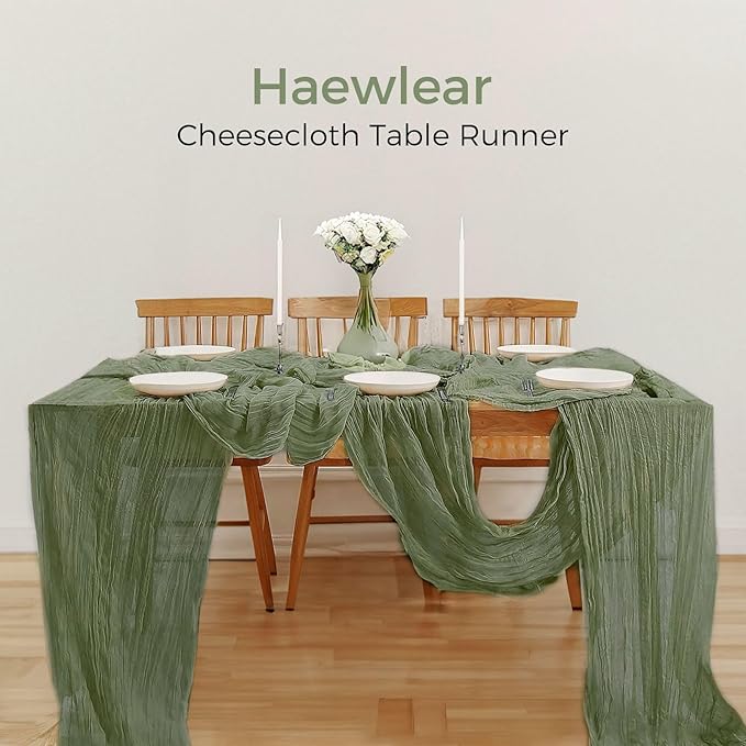 10PCS Sage Green Cheesecloth Table Runner 10ft Boho Gauze Fabric Cheese Cloth Table Runner Comes with 10 Cloth Napkins Runner for Romantic Wedding Birthday Shower Party Table Decoration