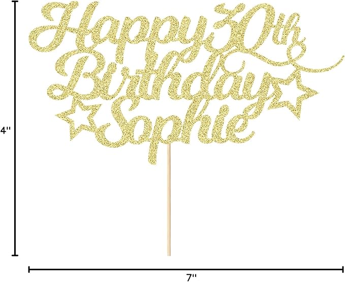 Personalized Happy Birthday Cake Topper Customized with Any Age Name Party Cake Decoration 16 18 21 40 60 Double Sided Glitter Card Champagne Gold