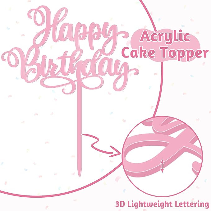 1 PCS Happy Birthday Cake Topper, 5.1 x 6.5 Inches Acrylic Cake Topper, Elegant Pink Happy Birthday Cake Sign, Birthday Cake Decorations for Adult, Kids, DIY Dessert Supplies