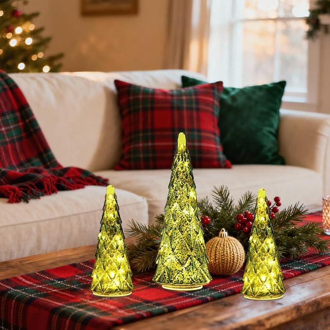 Christmas Decorations Indoor, YEAHOME Set of 3 Pre-lit Green Glass Christmas Tree for Home Decor, Christmas Table Decorations Lighted Xmas Tree with Timer for Living Room Mantel Tabletop Party