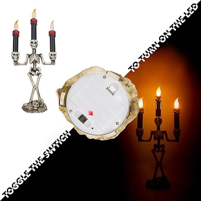 Evelyne GMT-10319 Triple LED Halloween Candles Flameless and Skeleton Candle Holder Stand for Skull Halloween Decoration and Haunted House Decor