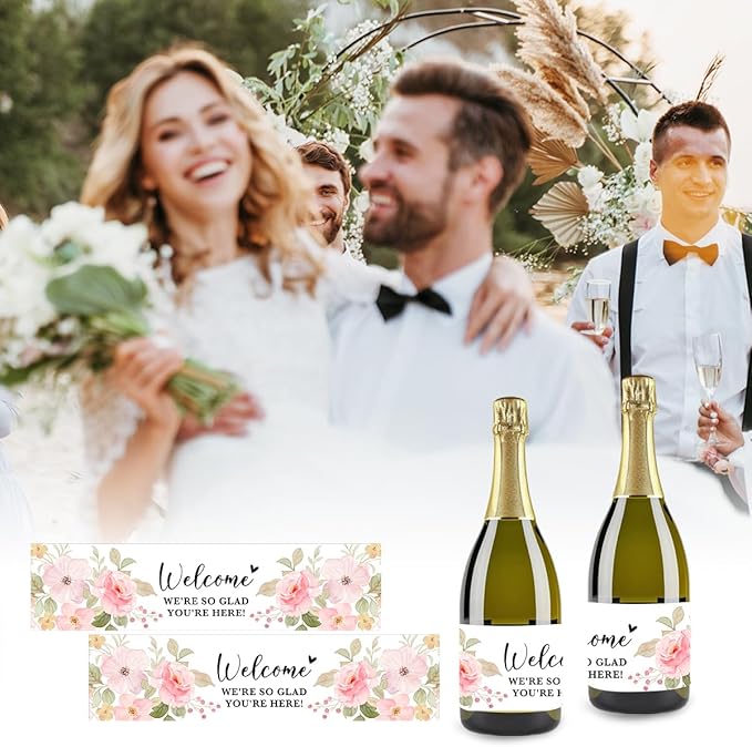 100PCS Wedding Water Bottle Labels Waterproof Greenery Floral Wraps Sticker for Water Bottle Baby Shower Bottle Label for Bridal Shower Party Welcome (Pink)