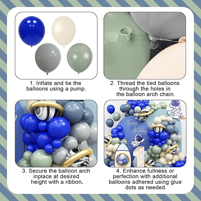 First Trip Around The Sun Balloons Arch Outer Space Astronauts Birthday Party Decorations Royal Blue Gray Beige Dusty Green White Gold Long Balloons Onyx Black Latex Helium Balloon