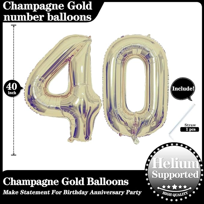 Champagne Gold 40 Number Balloons, 40 Inch Giant Number 40 Balloons Foil Mylar Helium Light Gold Number Balloons for 40th Birthday Party Supplies Anniversary Event Celebration Decorations