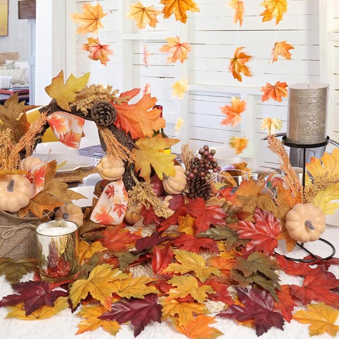 Hollyone 500PCS Artificial Maple Leaves, Multicolored Fake Fall Silk Maple Leaves Decorations for Autumn Fall Wedding Thanksgiving Party Home Table Wreath Decor