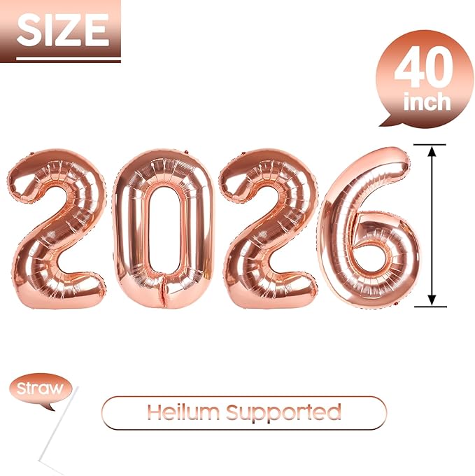 2026 Balloon - 2 Pack Rose Gold Birthday Number Balloons, 40 Inch Large Foil Balloons for Men Women Boys Girls Rose Gold Themed Birthday Decorations,Number 2026 Balloon