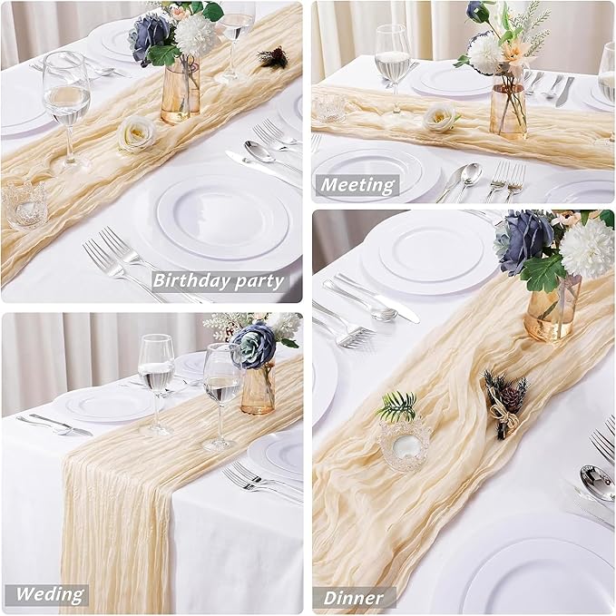 24 Pack Cheesecloth Table Runner, 35x120 Inch Boho Gauze Beige Table Runner 10ft Rustic Sheer Cheese Cloth Table Decor for Wedding Baby Bridal Shower Birthday Party Table Decoration
