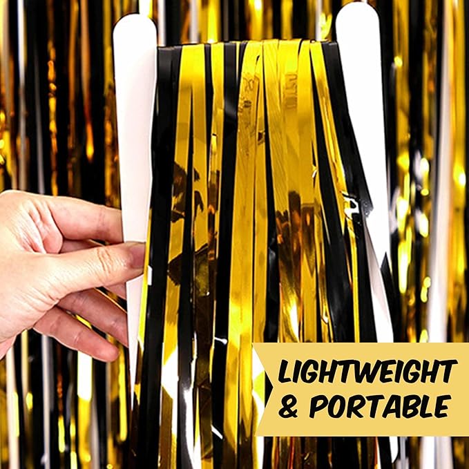 6 Pack Black and Gold Foil Fringe Curtains Backdrop, 3.28 x 9.8 Ft Metallic Streamers Tinsel Curtains Background for Photo Booth, Birthday, Halloween, Christmas, New Year Party Decorations