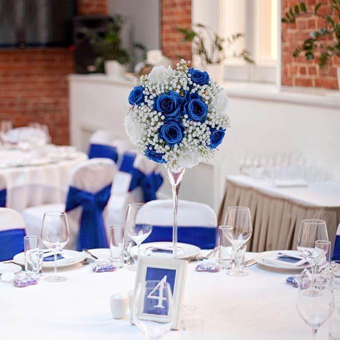 BLOSMON Fake Flowers Ball Wedding Centerpieces 10 Pcs Royal Blue Rose Babys Breath Artificial Flowers Center Pieces Decoration for Table Faux Silk Floral Bouquet Arrangements for Home Party DIY Decor