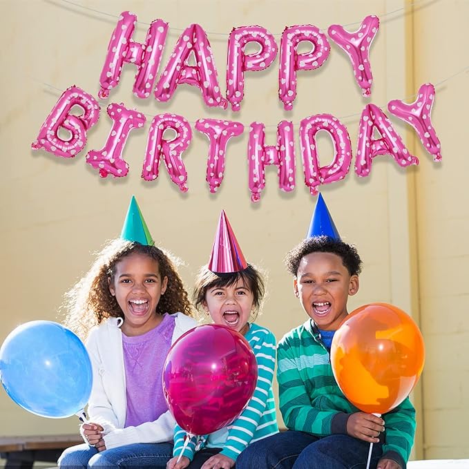 Accevo Pink Happy Birthday Banner,16 Inch Mylar Foil Letters Balloons Heart Pattern Balloons Happy Birthday Balloon for Kids, Child, Adults, Boys & Girls Birthday Party Decorations Happy Birthday Sign