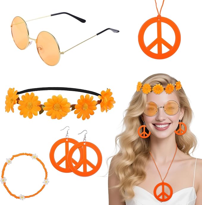 6Pcs Hippie Costume Accessories Set, Boho Peace Sign Daisy Flower Round Hippie Sunglasses and Peace Sign Necklaces and Earrings 60s 70s Party Favors Decoration for Halloween and Christmas Girls Women