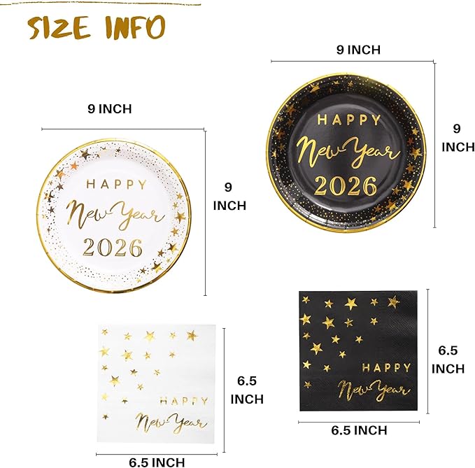 Winoo Design 100PCS Bulk New Year Plates and Napkins Party Supplies - Serves 50PK- 2026 Happy New Year Eve Party Decor Decorations Party Favors