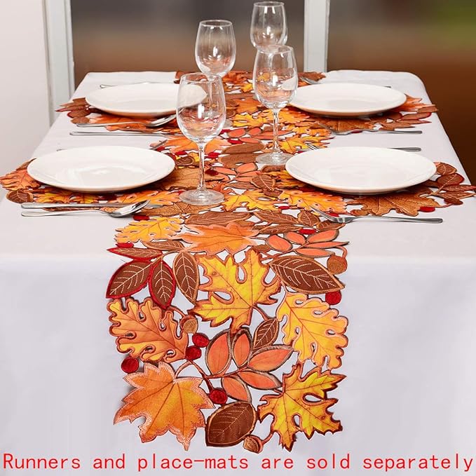 Simhomsen Embroidered Fall Leaves Table Runner for Thanksgiving, Autumn Harvest Decorations (14 Γ 156 inches)