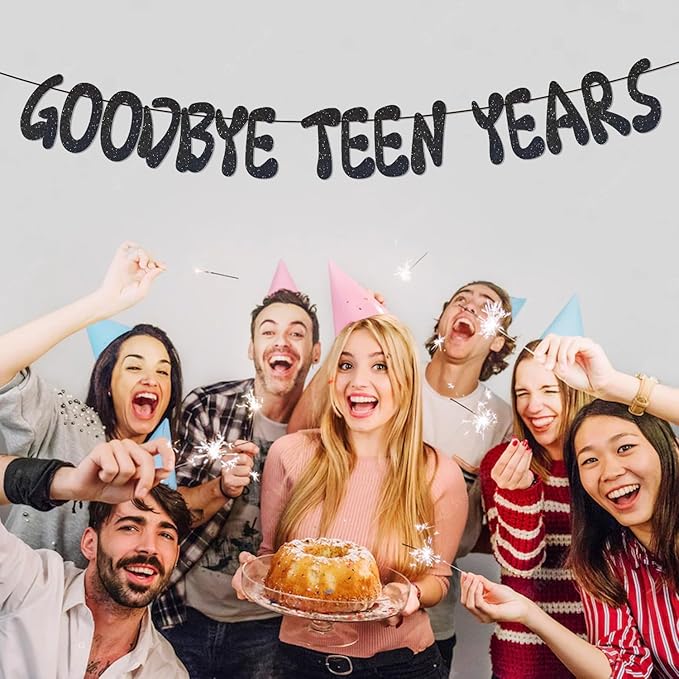 Goodbye Teen Years Glitter Banner, Pre-Strung, 20th Birthday Decorations, 20 & Fabulous, Happy 20 years old Anniversary Party Decoration Supplies Black