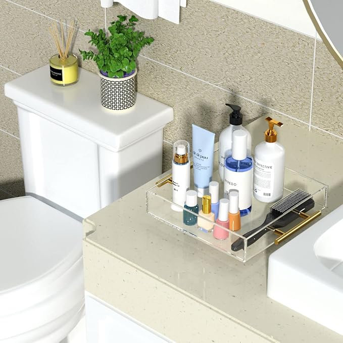 NIUBEE Clear Serving Tray 12x12 Inches -Spill Proof- Acrylic Decorative Tray Organiser for Ottoman Coffee Table Countertop with Round Handles